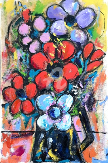 Painting titled "Flores no jarro pre…" by José Claudinei Da Cruz, Original Artwork, Charcoal