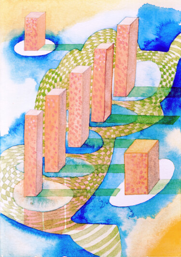 Peinture intitulée "Cotton Candy City 1" par Kim Dahyun, Œuvre d'art originale, Aquarelle