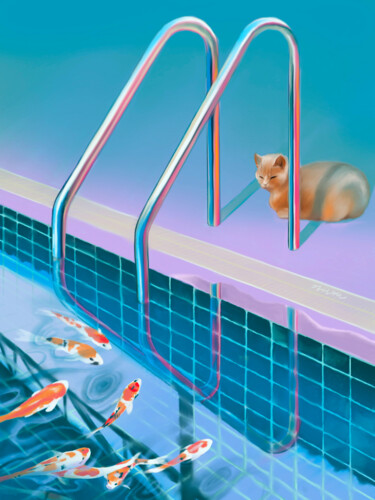 Digitale Kunst mit dem Titel "Pool, Koi and Kitty…" von Kim Dahyun, Original-Kunstwerk, Pastell