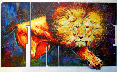 Peinture intitulée "FREE COSMIC LION" par Dada Wa, Œuvre d'art originale, Huile