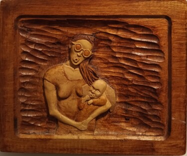 Sculptuur getiteld "Mother and son" door Daddy Noob, Origineel Kunstwerk, Hout