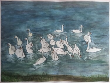 Pintura titulada "Black swan" por Daddy Noob, Obra de arte original, Acuarela