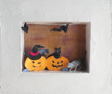 Collages intitolato "gatti con zucche" da Dade, Opera d'arte originale, Acquarello
