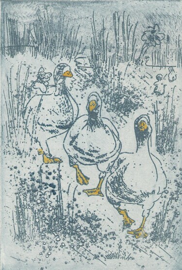 Incisioni, stampe intitolato "oche a passeggio" da Dade, Opera d'arte originale, Acquaforte