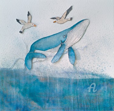 Disegno intitolato "balena con gabbiani" da Dade, Opera d'arte originale, Acquarello