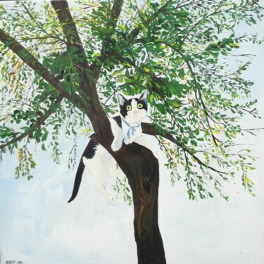 Painting titled "gatto-sul-ciliegio.…" by Dade, Original Artwork, Acrylic