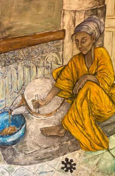 Malerei mit dem Titel "Femme au meule à gr…" von Manar Abou Elaoula (A’M), Original-Kunstwerk, Öl Auf Keilrahmen aus Holz mo…
