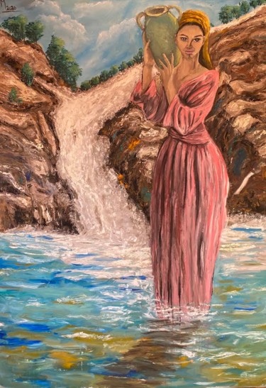 Painting titled "Porteuse d’eau" by Manar Abou Elaoula (A’M), Original Artwork, Oil Mounted on Wood Stretcher frame