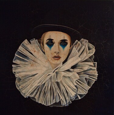 Malarstwo zatytułowany „Sad clown.” autorstwa Daheaven Art, Oryginalna praca, Olej Zamontowany na Drewniana rama noszy