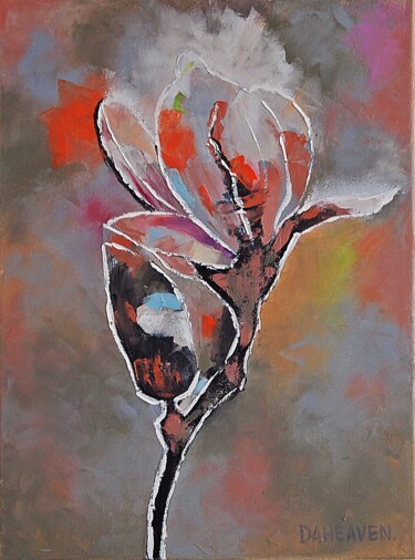 Painting titled "Little Magnolia." by Daheaven Art, Original Artwork, Oil Mounted on Wood Stretcher frame