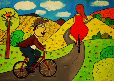 Painting titled "Cycling trip." by Daheaven Art, Original Artwork, Oil Mounted on Wood Stretcher frame