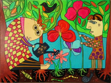 Painting titled "Gardeners." by Daheaven Art, Original Artwork, Oil Mounted on Wood Stretcher frame
