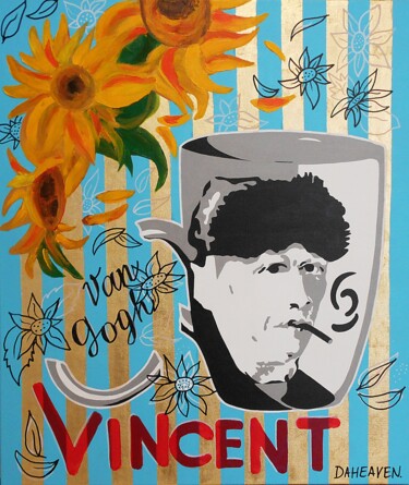 Schilderij getiteld "Vincent. Sunflowers." door Daheaven Art, Origineel Kunstwerk, Olie Gemonteerd op Frame voor houten bran…