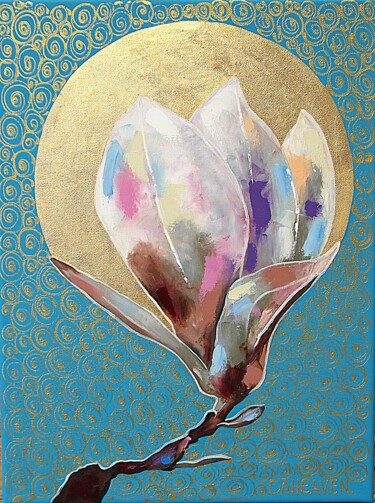 Malarstwo zatytułowany „Magnolia blue-green.” autorstwa Daheaven Art, Oryginalna praca, Olej Zamontowany na Drewniana rama n…