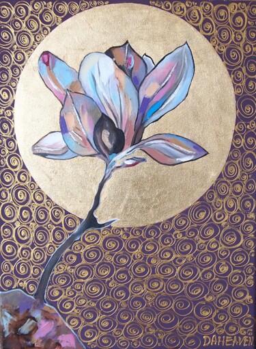 Painting titled "Lunar magnolia." by Daheaven Art, Original Artwork, Oil Mounted on Wood Stretcher frame