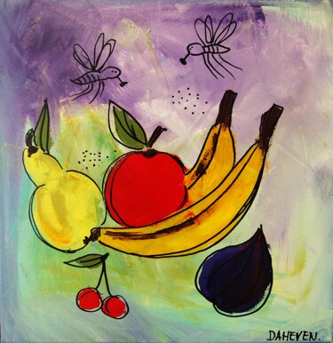 Painting titled "Still life with ban…" by Daheaven Art, Original Artwork, Acrylic Mounted on Wood Stretcher frame