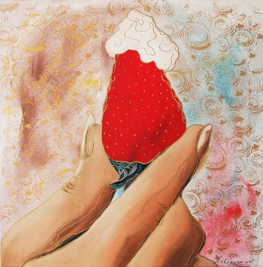 Painting titled "Strawberry." by Daheaven Art, Original Artwork, Oil Mounted on Wood Stretcher frame