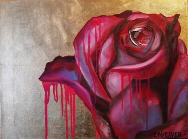 Painting titled "Dark pink rose on g…" by Daheaven Art, Original Artwork, Oil Mounted on Wood Stretcher frame