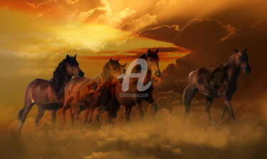 Digitale Kunst mit dem Titel "Horses Running Abov…" von Dahuyn, Original-Kunstwerk, Digitale Malerei