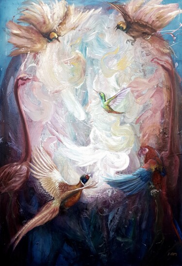 Painting titled ""MUSIC OF PARADISE"" by Daina Maslauskaite, Original Artwork, Oil Mounted on Wood Stretcher frame