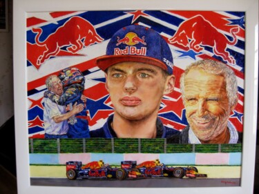 Schilderij getiteld "Verstappen red-bull…" door Daisy Schneider, Origineel Kunstwerk, Olie Gemonteerd op Frame voor houten b…