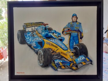 Schilderij getiteld "Alonso champion du…" door Daisy Schneider, Origineel Kunstwerk, Olie Gemonteerd op Frame voor houten br…