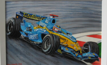 Painting titled "Alonso Renault F1 R…" by Daisy Schneider, Original Artwork, Oil Mounted on Wood Stretcher frame