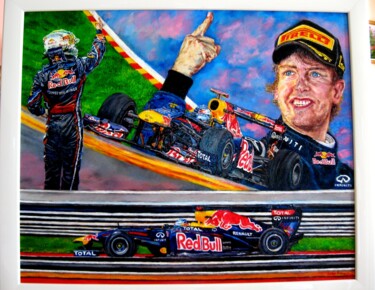 Painting titled "Vettel -Red-Bull ch…" by Daisy Schneider, Original Artwork, Oil Mounted on Wood Stretcher frame