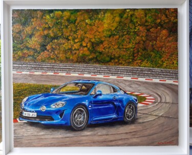 Painting titled "Alpine A110" by Daisy Schneider, Original Artwork, Oil Mounted on Wood Stretcher frame