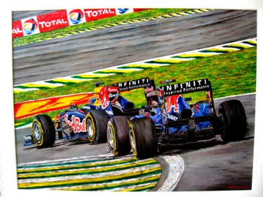 Painting titled "Duel entre Red-Bull" by Daisy Schneider, Original Artwork, Oil Mounted on Wood Stretcher frame