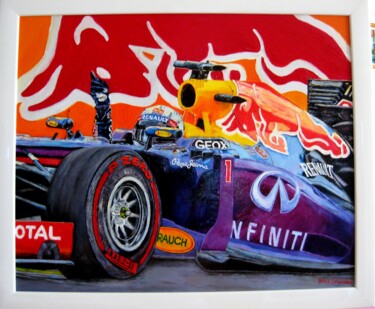Painting titled "Vettel Red-bull CDM" by Daisy Schneider, Original Artwork, Oil Mounted on Wood Stretcher frame