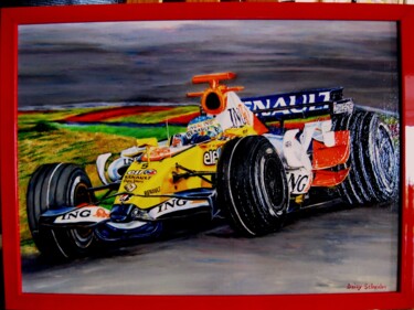 Painting titled "Alonso F1 Renault R…" by Daisy Schneider, Original Artwork, Oil Mounted on Wood Stretcher frame