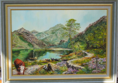 Painting titled "Troupeau en estive" by Daisy Schneider, Original Artwork, Oil Mounted on Wood Stretcher frame