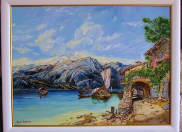 Schilderij getiteld "Lac insondable" door Daisy Schneider, Origineel Kunstwerk, Olie Gemonteerd op Frame voor houten brancard