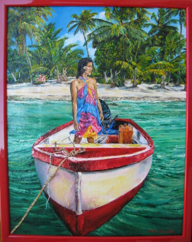 Malerei mit dem Titel "Vahiné à la barque" von Daisy Schneider, Original-Kunstwerk, Öl Auf Keilrahmen aus Holz montiert
