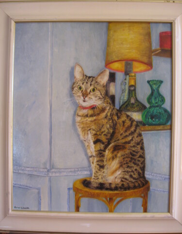 Painting titled "Minette sur un tabo…" by Daisy Schneider, Original Artwork, Oil Mounted on Wood Stretcher frame
