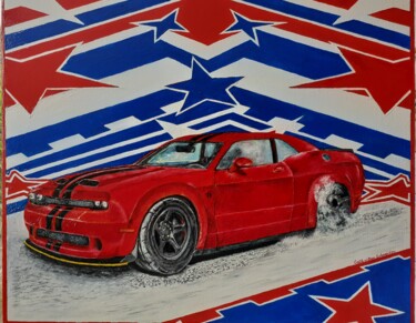 Painting titled "Dodge Challenger" by Daisy Schneider, Original Artwork, Acrylic Mounted on Wood Panel