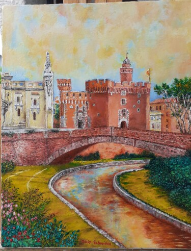 Painting titled "Perpignan" by Daisy Schneider, Original Artwork, Oil Mounted on Wood Stretcher frame