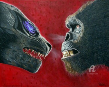 Zeichnungen mit dem Titel "Godzilla VS Kong" von Daisy Van Der Zijden, Original-Kunstwerk, Bleistift