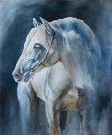 Pintura titulada "Белая лошадь" por Larisa Kruglova, Obra de arte original, Acuarela