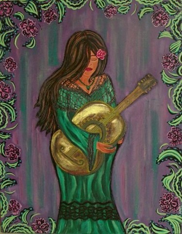 Peinture intitulée "gitane à la guitare…" par Amal B., Œuvre d'art originale