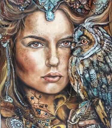 Painting titled "Woman with owl" by Dalinina, Original Artwork, Oil