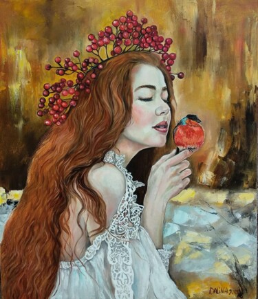 Painting titled "Girl with bullfinch…" by Dalinina, Original Artwork, Oil