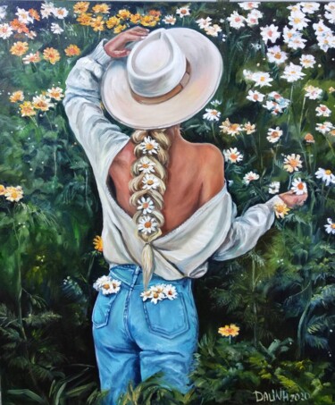 Painting titled "Girl in field of da…" by Dalinina, Original Artwork, Oil Mounted on Wood Stretcher frame
