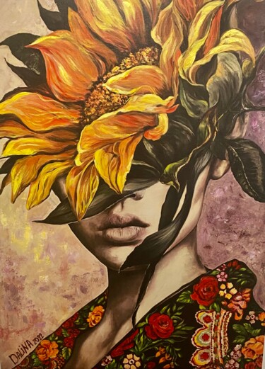 Printmaking titled "Women Sun Flower" by Dalinina, Original Artwork, Digital Print Mounted on Wood Stretcher frame