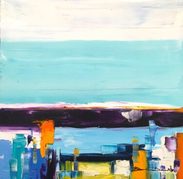 Painting titled "Après-midi plage..." by Dam Domido, Original Artwork, Oil Mounted on Wood Stretcher frame