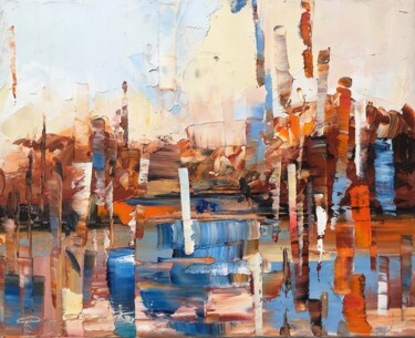 Painting titled "Little cityscape" by Dam Domido, Original Artwork, Oil Mounted on Wood Stretcher frame