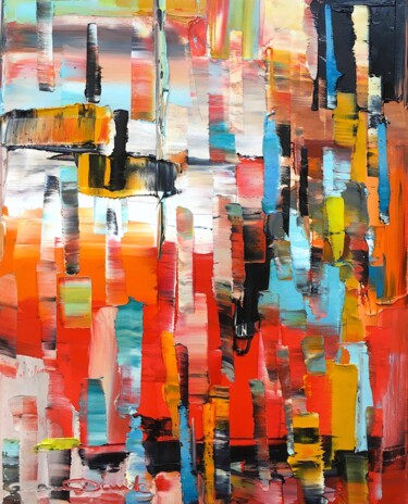 Schilderij getiteld "Color's city" door Dam Domido, Origineel Kunstwerk, Olie Gemonteerd op Frame voor houten brancard