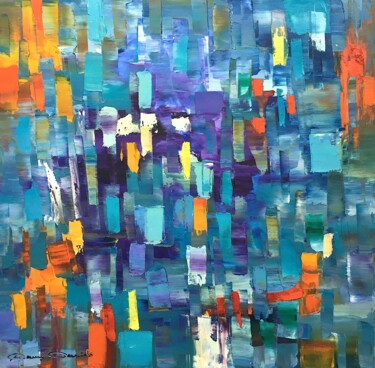 Painting titled "Blue sky full colors" by Dam Domido, Original Artwork, Oil Mounted on Wood Stretcher frame