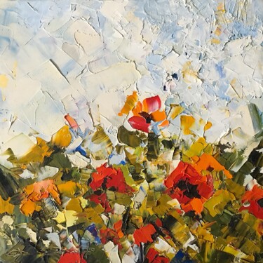 Painting titled "Poppies in the air" by Dam Domido, Original Artwork, Oil Mounted on Wood Stretcher frame